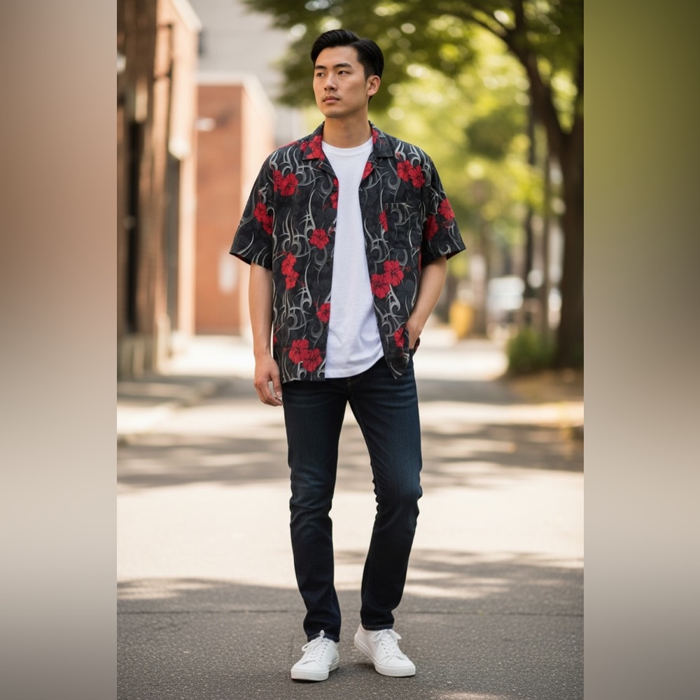 Ocean Current Black Short-Sleeve Button-Down with Red Floral Print